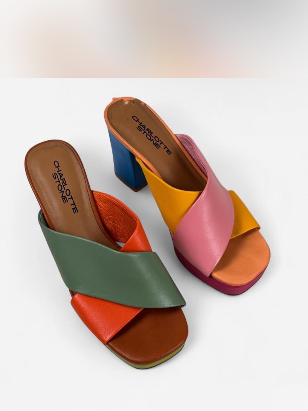 Charlotte Stone Colorblock Multi-Color Leather Platform Mule Heels - Picture 2 of 8
